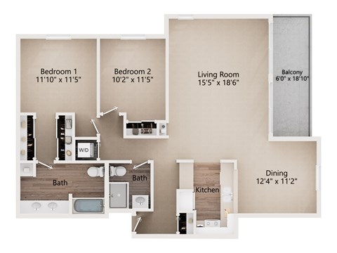 Floor plan for 2 beds, 2 baths, 1201 sqft